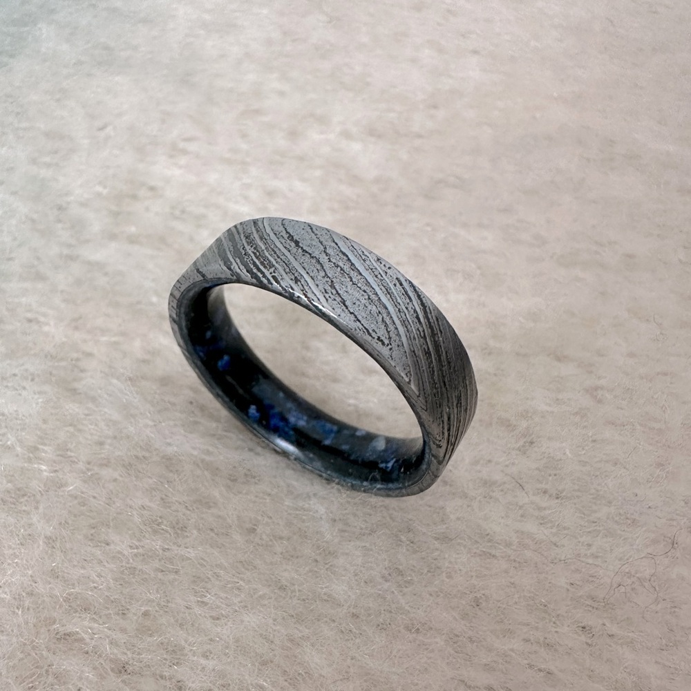 Men’s wedding band size 11 3/4, Damascus steel & lapis lazuli